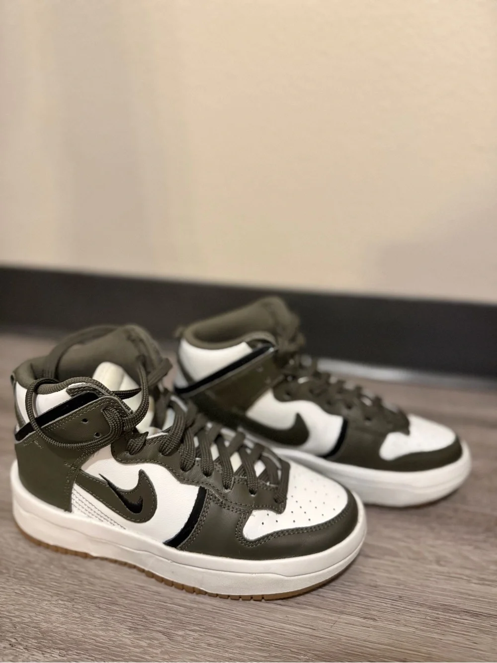 Nike Kids High-Top Sneakers in Olive Green and White